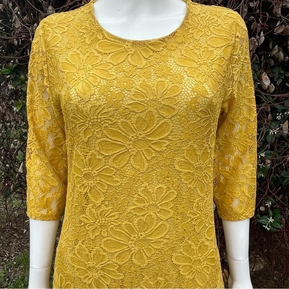 L & B Lucky & Blessed Lace Overlay Lined Mustard Yellow Midi Dress